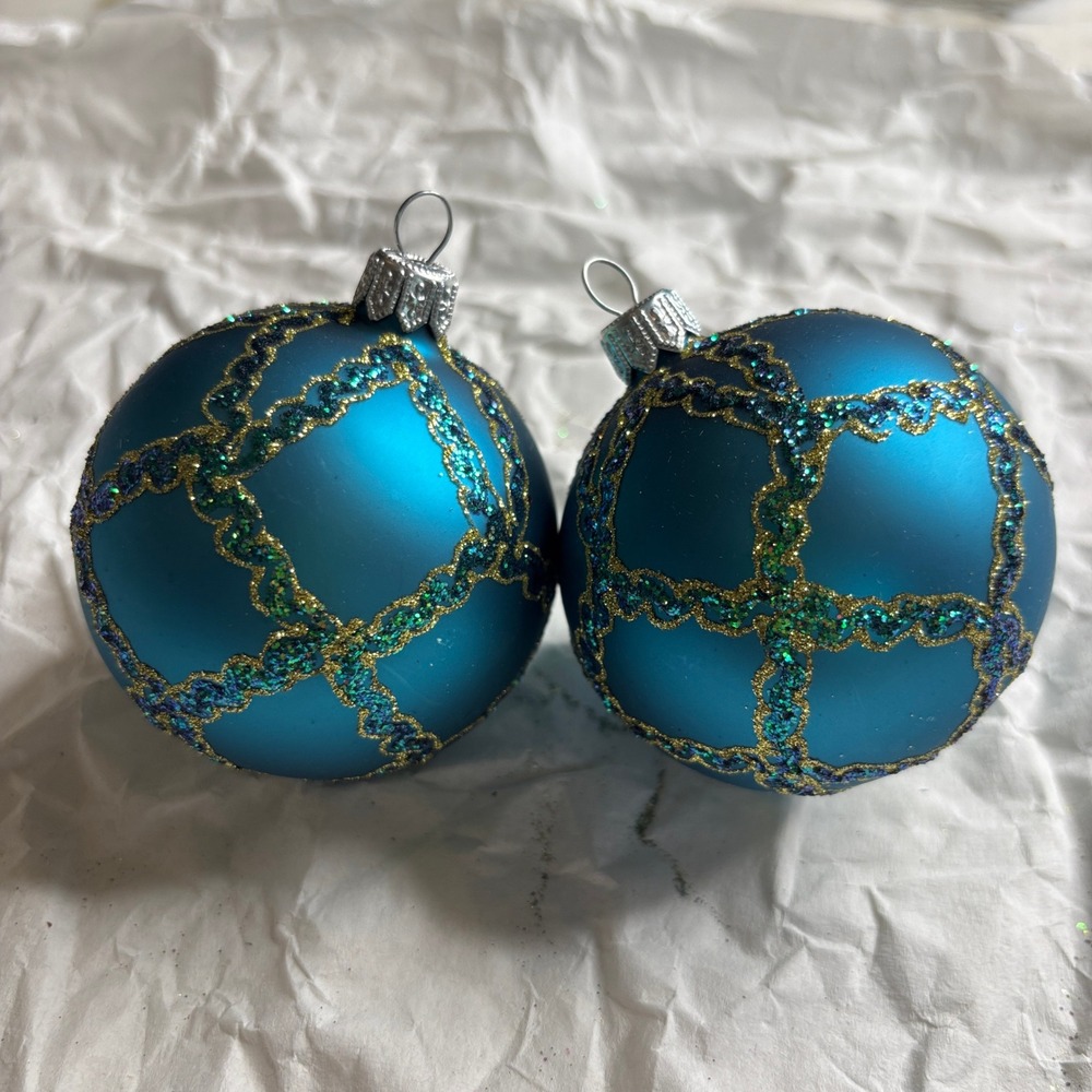 Crate & Barrel Teal Blue Glitter Trellis Glass Ball Christmas Ornaments Set of 2